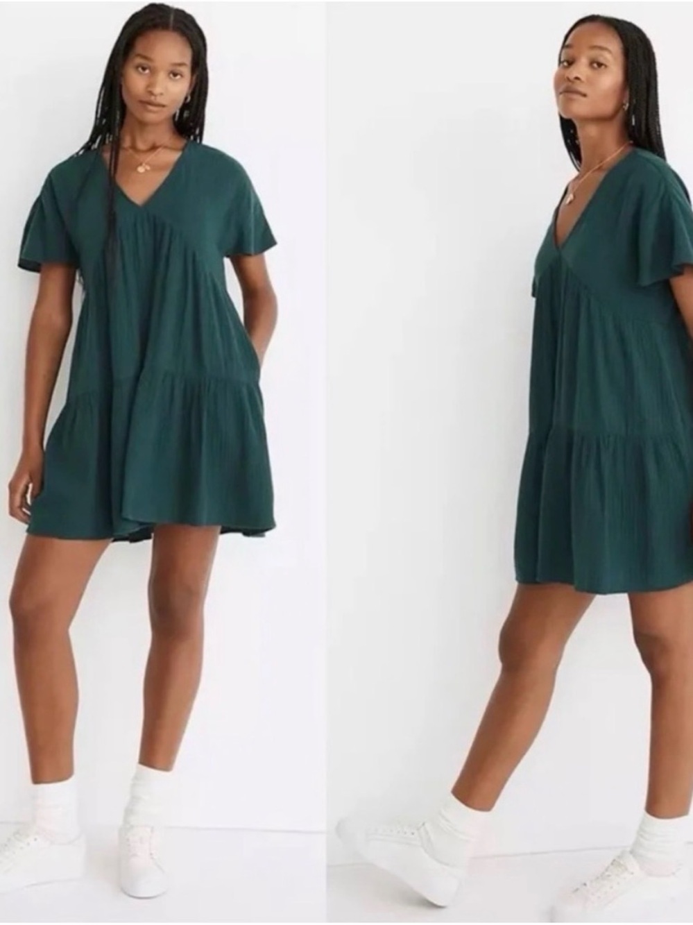 Madewell Teal V-Neck Tiered Gauzy Mini Dress